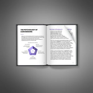 May include: An open book titled The Psychology of Conversions with a page corner folded over. The left page features a purple pentagonal diagram illustrating marketing factors, while the right page contains text about the power of emotions in decision-making.