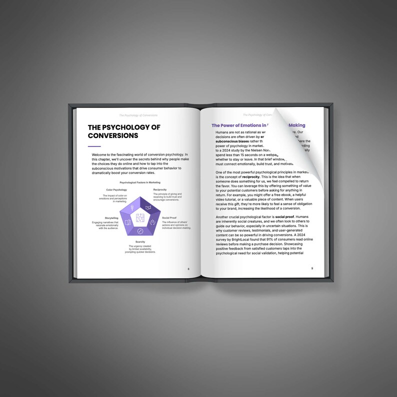 May include: An open book titled The Psychology of Conversions with a page corner folded over. The left page features a purple pentagonal diagram illustrating marketing factors, while the right page contains text about the power of emotions in decision-making.