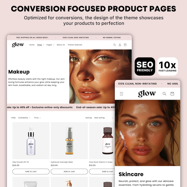 May include: A website homepage for a skincare and makeup brand called "glow". The website features a clean, modern design with a focus on product photography. The homepage includes a banner image of a woman with glowing skin, as well as product images and descriptions for skincare and makeup products. The website also includes a call to action to shop the products.
