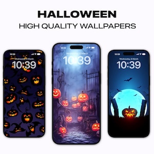 May include: Three different Halloween themed phone wallpapers. The first wallpaper features a dark blue background with a pattern of orange pumpkins and black bats. The second wallpaper features a dark blue background with a spooky gate and a path lined with pumpkins. The third wallpaper features a dark blue background with a full moon and a single pumpkin in the foreground.