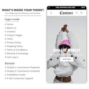 May include: A website screenshot showing a model wearing a white hoodie and a pink bucket hat. The text "OWN THE MOMENT" is displayed above a button that says "SHOP NEW". The website is called "Couture" and offers free shipping over &pound;50.