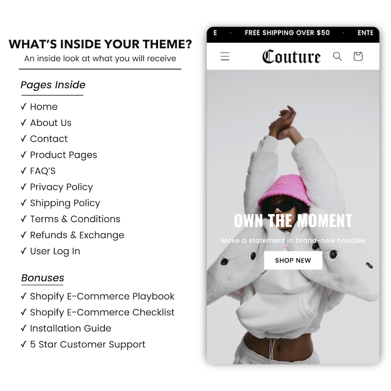 May include: A website screenshot showing a model wearing a white hoodie and a pink bucket hat. The text "OWN THE MOMENT" is displayed above a button that says "SHOP NEW". The website is called "Couture" and offers free shipping over &pound;50.