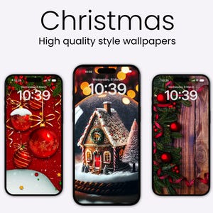 以下が含まれることがあります： クリスマスをテーマにした壁紙を表示する3つのiPhoneモックアップ。最初の壁紙は、赤い背景に赤と白のオーナメントが飾られ、時間は10:39です。2番目の壁紙は、雪が降るジンジャーブレッドハウスと、時間が10:39の雪玉です。3番目の壁紙は、木製の背景に緑のガーランドと赤いオーナメントが飾られ、時間は10:39です。