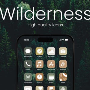 May include: A smartphone screen displaying a set of app icons with a nature-inspired design. The icons are in a grid pattern and feature a light brown background with white icons. The icons include Messages, Safari, Weather, Camera, Phone, Music, App Store, Settings, Shortcuts, Clock, Notes, and Maps.