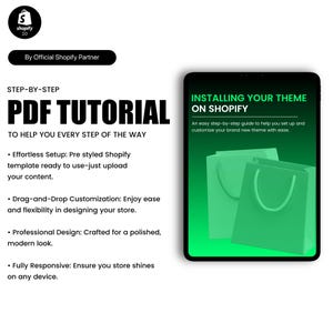 May include: A green and black digital illustration of a shopping bag with the text "Installing Your Theme on Shopify" and "An easy step-by-step guide to help you set up and customize your brand new theme with ease."  The illustration is on a white background.