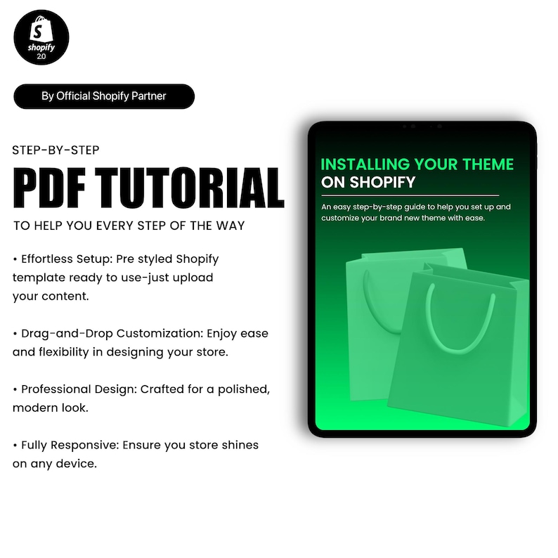 May include: A green and black digital illustration of a shopping bag with the text "Installing Your Theme on Shopify" and "An easy step-by-step guide to help you set up and customize your brand new theme with ease."  The illustration is on a white background.