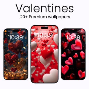 May include: Three iPhone screens displaying Valentine's Day themed wallpapers. The first screen has a dark background with red glitter hearts. The second screen has a red background with white and red hearts. The third screen has a black background with red hearts.