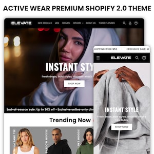 以下が含まれることがあります： エレベイトと呼ばれるアクティブウェアの洋服店のウェブサイトのホームページ。ウェブサイトには、「INSTANT STY」というテキストと「Fresh drops, bold styles, discover what's new today」というタグラインが書かれた白いフーディーを着たモデルが掲載されています。ウェブサイトには、「SHOP NOW」と書かれた行動喚起ボタンもあります。