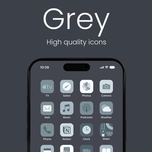 Könnte beinhalten: Smartphone-Bildschirm mit einem benutzerdefinierten grauen Thema mit hochwertigen Symbolen. Die Symbole sind in einem einheitlichen Grauton gehalten, einschließlich Apps für TV, Safari, Fotos, Kamera, Mail, Musik, Podcasts, Wetter, Telefon, Notion, Uhr und Karten. Die angezeigte Uhrzeit ist 10:39.