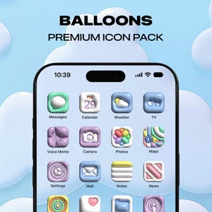 Puede incluir: Una pantalla de teléfono con un conjunto de iconos coloridos con temática de globos para aplicaciones como Mensajes, Calendario, Clima, TV, Memo de voz, Cámara, Fotos, Mapas, Ajustes, Correo, Notas y Noticias. Los iconos son 3D y tienen un acabado brillante.