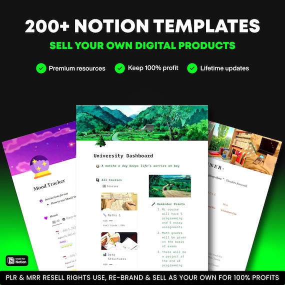 200+ Notion Templates Bundle, MRR Resell Rights, Digital Business, Notion Template, Notion Calendars, Notion Journals, Notion Planners
