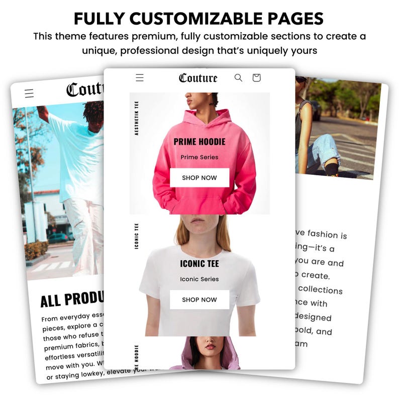 May include: A website mockup for a clothing brand called Couture. The website features a pink hoodie with the text "Prime Hoodie" and "Prime Series" and a white t-shirt with the text "Iconic Tee" and "Iconic Series". Both items have a "Shop Now" button.
