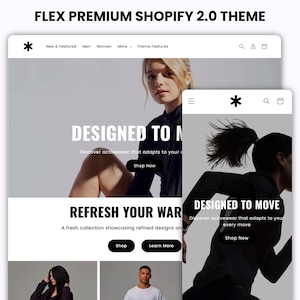 Può includere: Una homepage di un sito web per un negozio di abbigliamento che presenta un'immagine in bianco e nero di una persona che indossa abbigliamento sportivo. Il testo "DESIGNED TO MOVE" è visualizzato sulla pagina. Il testo "Discover activewear that adapts to your every move" è anche visualizzato sulla pagina.