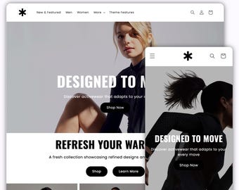 May include: A website homepage for a clothing store featuring a black and white image of a person wearing activewear. The text "DESIGNED TO MOVE" is displayed on the page. The text "Discover activewear that adapts to your every move" is also displayed on the page.