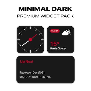 May include: A black and white clock widget with red accents, a weather widget showing a partly cloudy sky with a temperature of 15 degrees, and a black widget with the text "Up Next" and the text "Recreation Day (TAS) 04/11, 12:00 am - 11:59 pm".