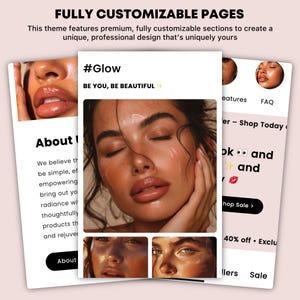 May include: A website screenshot featuring a beauty product brand with the tagline "#Glow Be You, Be Beautiful". The website features a close-up image of a woman's face with glowing skin and a section titled "About" with text describing the brand's philosophy.