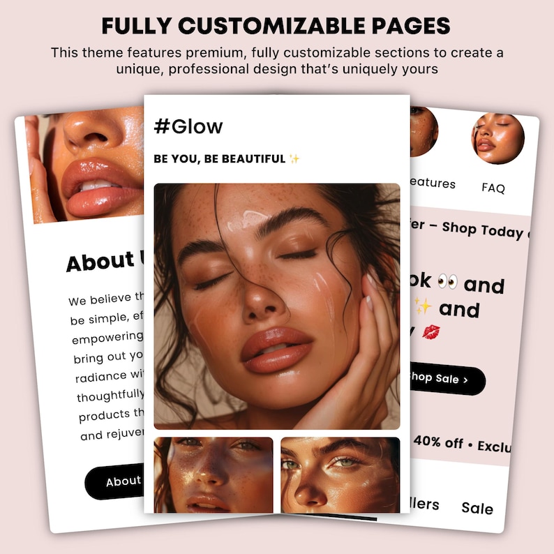 May include: A website screenshot featuring a beauty product brand with the tagline "#Glow Be You, Be Beautiful". The website features a close-up image of a woman's face with glowing skin and a section titled "About" with text describing the brand's philosophy.