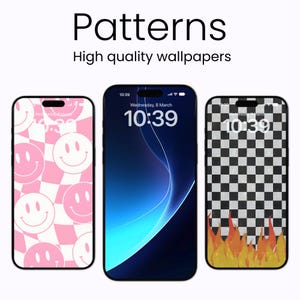 May include: Three smartphones displaying different wallpaper patterns. The first phone shows a pink and white checkered pattern with smiley faces. The second phone has a blue gradient background. The third phone features a black and white checkered pattern with flames at the bottom. Text reads "Patterns" and "High quality wallpapers".