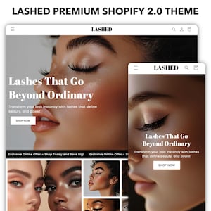 Könnte beinhalten: Eine Website-Startseite für ein Unternehmen, das Wimpern verkauft. Die Website zeigt ein Nahaufnahmebild eines Frauenauges mit langen Wimpern und dem Text "Lashes That Go Beyond Ordinary". Die Website bietet auch einen Call-to-Action zum "Shop Now".