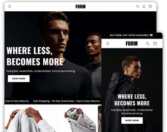 May include: A website screenshot for a clothing brand called "FORM" with the tagline "Where less, becomes more." The website features a model wearing a black long-sleeve shirt and a model wearing a black jacket. The website also features a call to action to "Shop Now".