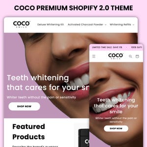 May include: A website homepage for a teeth whitening product called Coco Smile. The website features a close-up image of a person's smile with white teeth. The text on the website reads "Teeth whitening that cares for your smile. Whiter teeth without the pain or sensitivity. Shop Now."