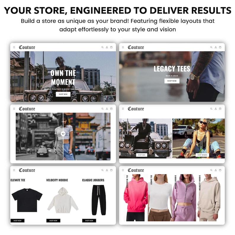 May include: A website mockup for an online clothing store called "Couture". The website features a range of clothing items, including t-shirts, hoodies, and joggers. The website also features a variety of images, including a car, a person wearing a hoodie, and a person wearing a t-shirt.