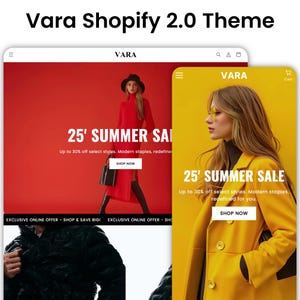 Puede incluir: Imagen promocional para el tema Vara Shopify 2.0. La imagen presenta dos maquetas de un sitio web y una aplicación móvil. La maqueta del sitio web está sobre un fondo rojo con una mujer con un vestido rojo. La maqueta de la aplicación móvil está sobre un fondo amarillo.