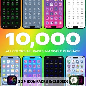 May include: A collage of images showcasing 10,000 icons in 80+ icon packs. The icons are displayed on a variety of colorful backgrounds, including green, blue, pink, and black. The text "10,000" is displayed in large white letters at the top of the image. The text "ALL COLORS, ALL PACKS, IN A SINGLE PURCHASE" is displayed below the number. The text "80+ ICON PACKS INCLUDED!" is displayed at the bottom of the image.
