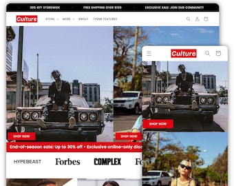 May include: A website homepage for a streetwear clothing store called "Culture". The website features a sale with up to 30% off and free shipping over $100. The homepage also features a variety of images of people wearing streetwear clothing.