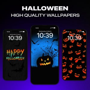 May include: Three different Halloween phone wallpapers. The first wallpaper is black with the text "Happy Halloween" and bats. The second wallpaper is blue with a pumpkin and bats. The third wallpaper is black with a pattern of orange pumpkins.