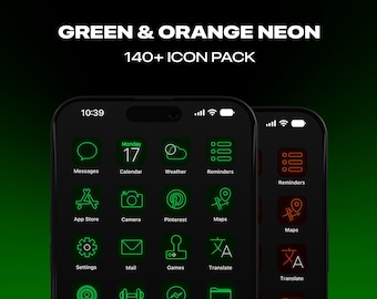 Premium Green and Orange Neon App Icons | Neon | iOS 18 Homescreen | Modern Sleek Dark Mode Icon Pack | Android Icons | Minimal iPhone Icons
