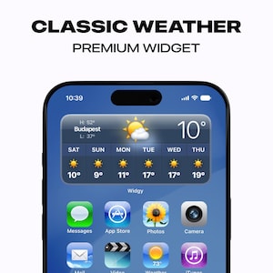 Peut inclure: L'écran d'un smartphone affichant un widget météo avec une température actuelle de 10 degrés Celsius. Le widget affiche les conditions météorologiques actuelles pour Budapest, en Hongrie, avec une température maximale de 52 degrés Fahrenheit et une température minimale de 37 degrés Fahrenheit. Le widget affiche également les prévisions pour les cinq prochains jours, avec un ciel ensoleillé et des températures allant de 10 à 19 degrés Celsius.