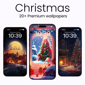 May include: Three iPhone mockups displaying Christmas-themed wallpapers. The first wallpaper features a snowy scene with a moon and a castle in the distance. The second wallpaper shows a Christmas tree in a window with snow falling outside. The third wallpaper shows a fireplace with a Christmas tree in the background.