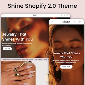 Puede incluir: Una página de inicio de un sitio web para una joyería llamada "Shine". La página de inicio presenta a una modelo usando joyas de oro y el texto "Jewelry That Shines With You". También se muestra el texto "Minimal, elegant pieces designed to elevate your everyday look". El sitio web ofrece envío rápido, una garantía de 30 días y devoluciones fáciles.