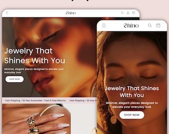 May include: A website homepage for a jewelry store called "Shine". The homepage features a model wearing gold jewelry and the text "Jewelry That Shines With You". The text "Minimal, elegant pieces designed to elevate your everyday look" is also displayed. The website offers fast shipping, a 30-day guarantee, and easy returns.