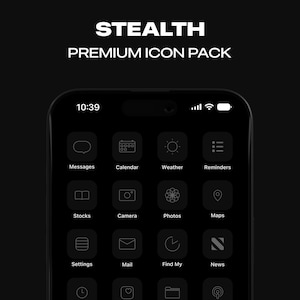 May include: A black and white image of an iPhone screen displaying a grid of app icons. The icons are for Messages, Calendar, Weather, Reminders, Stocks, Camera, Photos, Maps, Settings, Mail, Find My, and News. The time on the screen is 10:39.