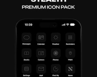 May include: A black and white image of an iPhone screen displaying a grid of app icons. The icons are for Messages, Calendar, Weather, Reminders, Stocks, Camera, Photos, Maps, Settings, Mail, Find My, and News. The time on the screen is 10:39.