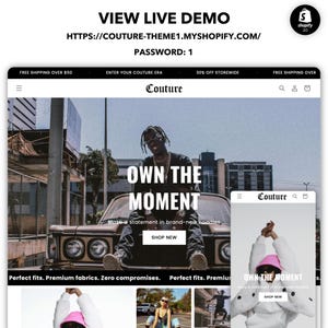 May include: A website screenshot showcasing a fashion brand named "Couture" with the slogan "Own the Moment". The website features a model wearing a white hoodie and a pink hat, sitting on a vintage car. The website also includes a call to action to "Shop New" and describes the brand's products as "Perfect fits. Premium fabrics. Zero compromises."