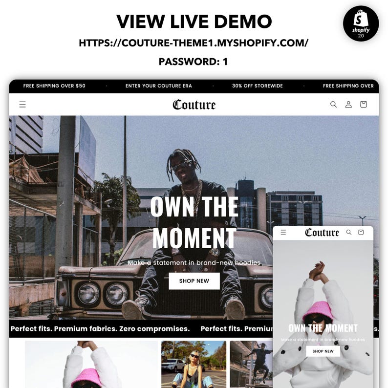 May include: A website screenshot showcasing a fashion brand named "Couture" with the slogan "Own the Moment". The website features a model wearing a white hoodie and a pink hat, sitting on a vintage car. The website also includes a call to action to "Shop New" and describes the brand's products as "Perfect fits. Premium fabrics. Zero compromises."