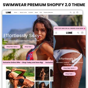 Op de afbeelding: Website-homepage voor Lume, een merk voor badmode. De website toont een model dat een rood en wit, bloemig bikini-topje en een witte bikini-onderkant draagt. De tekst "Effortlessly Sexy" wordt op de pagina weergegeven, samen met de slogan "Swimwear made to turn heads, without trying too hard."