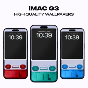 Puede incluir: Tres maquetas de un teléfono inteligente con un diseño blanco y gris. El teléfono muestra un reloj digital con la hora 10:39 y la fecha miércoles 8 de marzo. El teléfono tiene un esquema de color rojo, verde y azul.