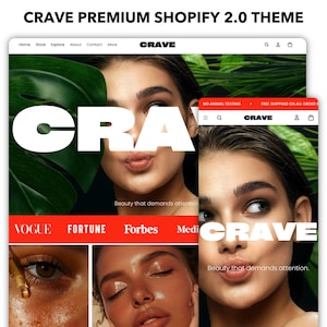 May include: A website design for the Crave Shopify 2.0 theme. The design features a woman's face with the word "CRAVE" in large white letters. The design also includes the logos of Vogue, Fortune, Forbes, and other media outlets. The text "Beauty that demands attention" is also present.