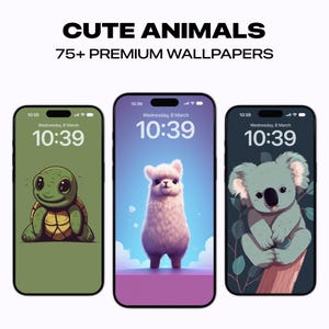 Pode incluir: Três smartphones exibindo papéis de parede de animais fofos: uma tartaruga, uma lhama fofa e um coala. As telas mostram a hora e a data. O texto superior diz "CUTE ANIMALS" e "75+ PREMIUM WALLPAPERS".