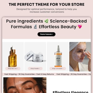 May include: A website for a skincare brand called Glow. The website features images of products, including a skin tint, setting powder, and concealer. The website also features the text "Pure ingredients, Science-Backed Formulas, Effortless Beauty".