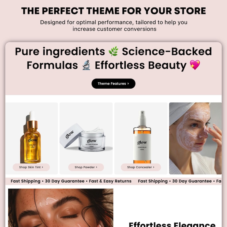 May include: A website for a skincare brand called Glow. The website features images of products, including a skin tint, setting powder, and concealer. The website also features the text "Pure ingredients, Science-Backed Formulas, Effortless Beauty".