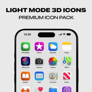 May include: A smartphone screen displaying a grid of app icons in a light mode 3D style. The icons are for Messages, iStore, Weather, Notes, Shortcuts, Camera, Photos, Maps, Books, Mail, Contacts, and News. The time on the screen is 10:39.