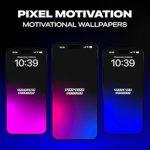 Puede incluir: Tres maquetas de pantalla de teléfono con citas motivacionales. La primera pantalla de teléfono es rosa y púrpura con la cita "Cree en ti mismo". La segunda pantalla de teléfono es azul y rosa con la cita "Encuentra tu pasión". La tercera pantalla de teléfono es azul con la cita "Confía en el proceso".