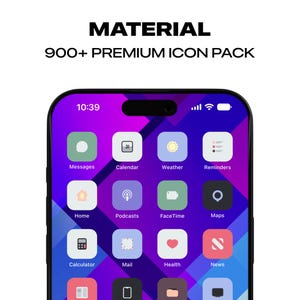 May include: A smartphone screen displaying a grid of app icons, including Messages, Calendar, Weather, Reminders, Home, Podcasts, FaceTime, Maps, Calculator, Mail, Health, and News. The phone is black with a white screen and a time of 10:39 displayed in the top left corner.