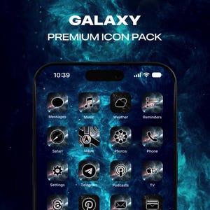 Könnte beinhalten: Ein Smartphone-Bildschirm, der ein Galaxy-Icon-Paket für iOS anzeigt. Die Icons sind schwarz-weiß mit weißem Rand. Die Icons beinhalten Nachrichten, Musik, Wetter, Erinnerungen, Safari, Karten, Fotos, Telefon, Einstellungen, Telegramm, Podcasts, TV und mehr.