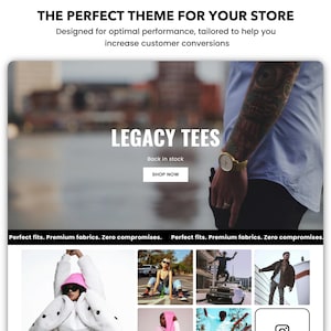 May include: A website homepage for a clothing store called "Legacy Tees". The website features a photo of a person wearing a blue shirt with a tattoo on their arm. The text "Legacy Tees" is displayed in large white letters on a black background. The text "Back in stock" is displayed in smaller white letters below the store name. A button that says "Shop Now" is displayed below the text. The website also features a grid of photos of people wearing different clothing items. The text "Perfect fits. Premium fabrics. Zero compromises." is displayed at the bottom of the page.